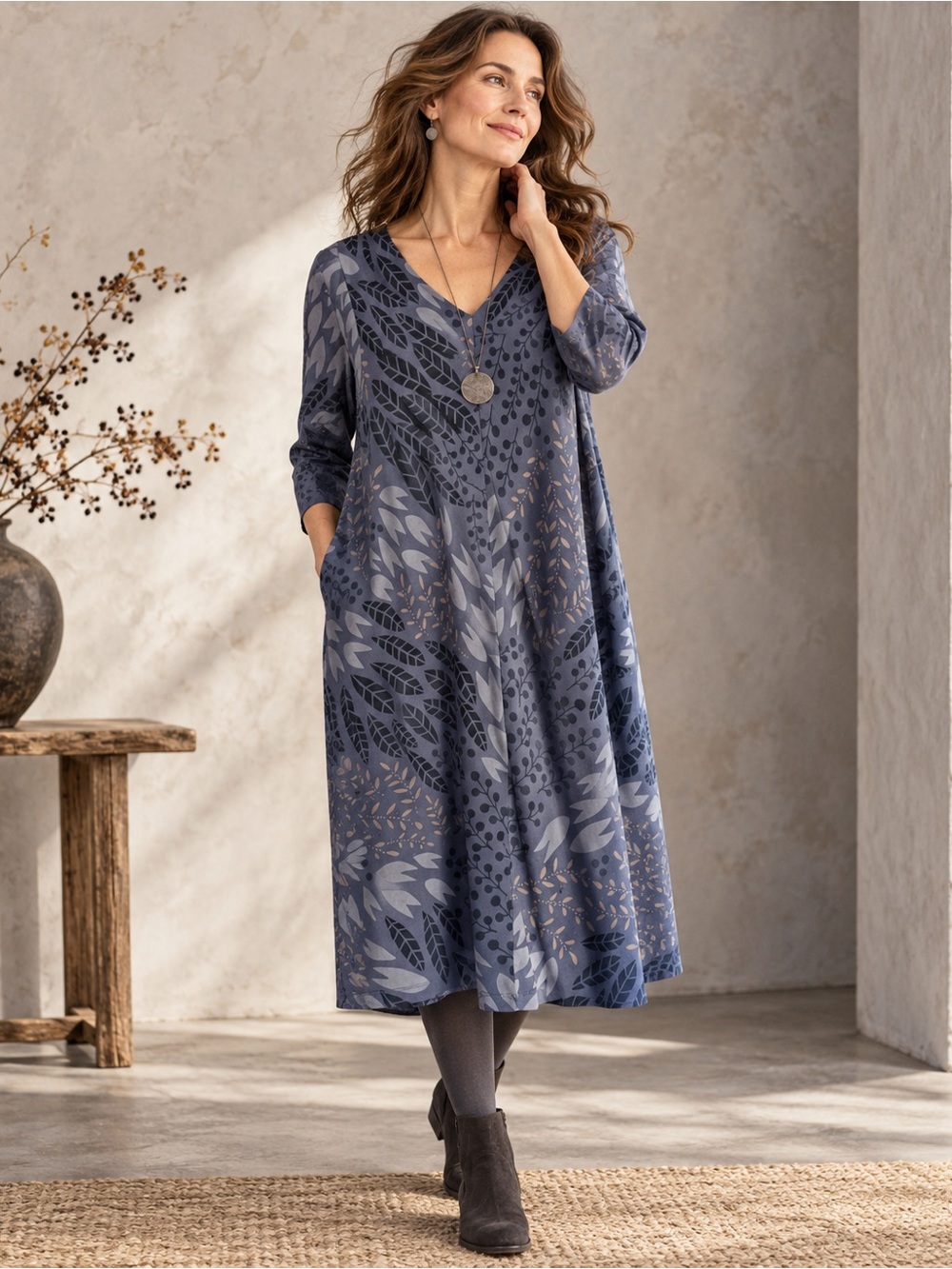 Gudrun Sjöden Organic Cotton Botanical Print Midi Dress Blue Gray Size Large